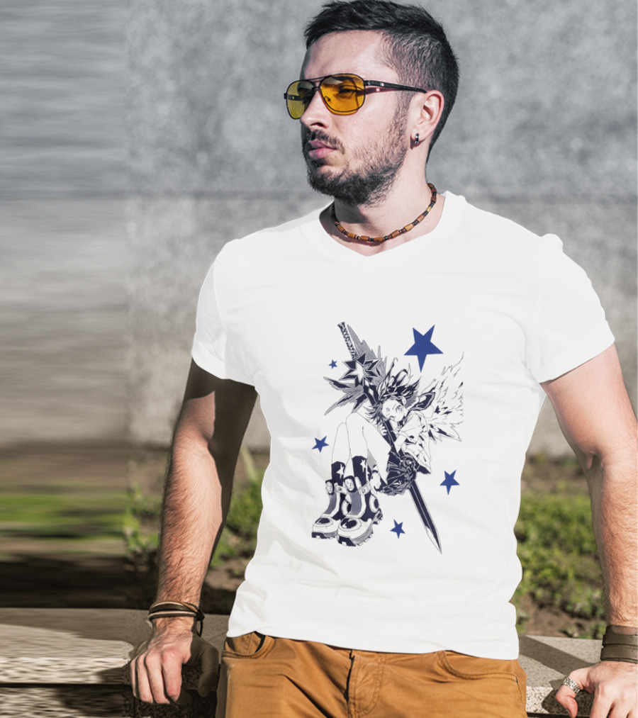 Arkestar Anime Girl Sword Wings Blue Stars T-Shirt