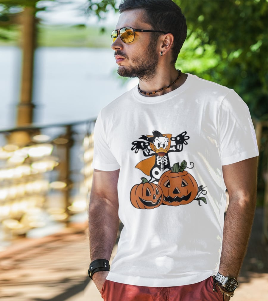 Donald Duck Skeleton Costume With Pumpkins Disney Halloween T-Shirt