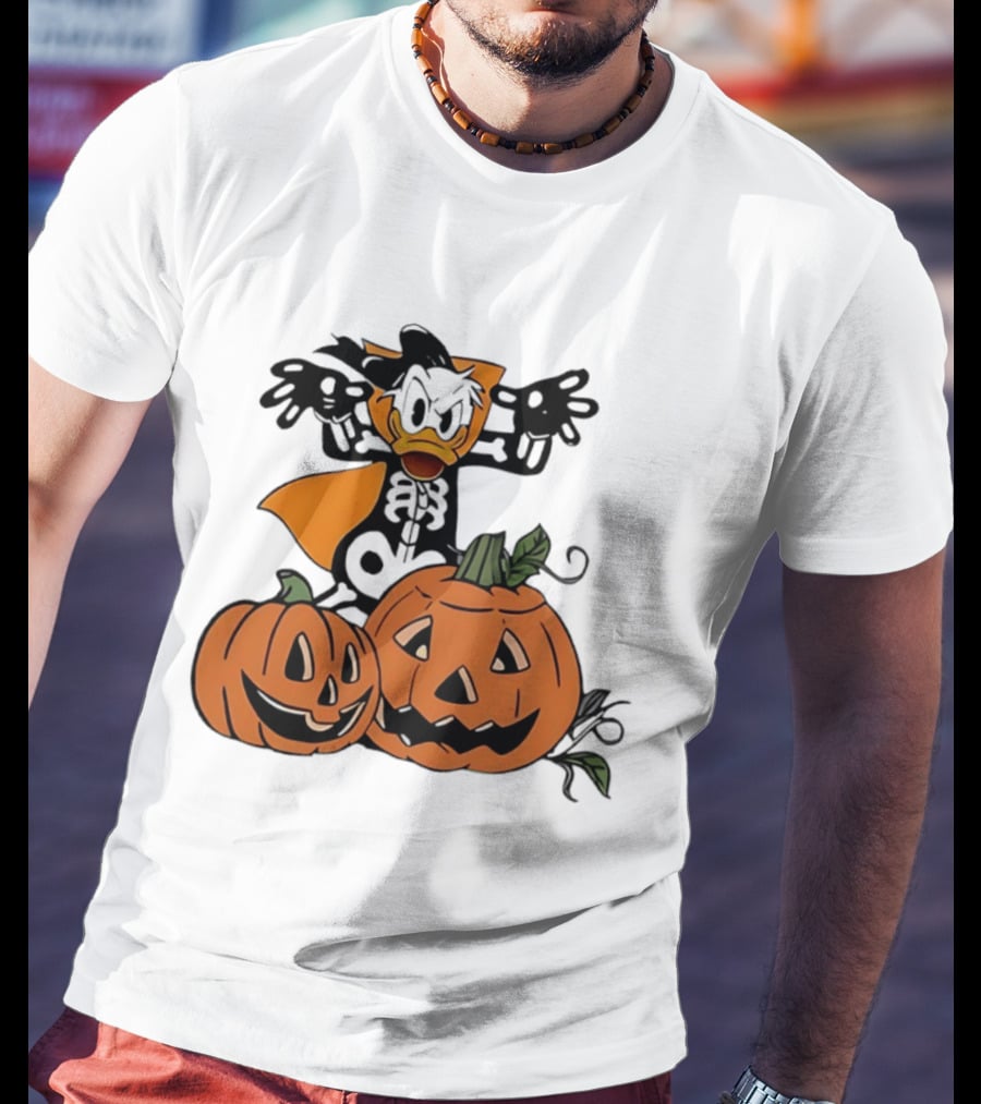 Donald Duck Skeleton Costume With Pumpkins Disney Halloween T-Shirt