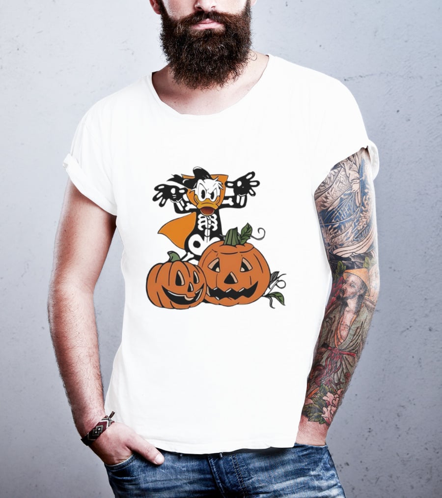 Donald Duck Skeleton Costume With Pumpkins Disney Halloween T-Shirt