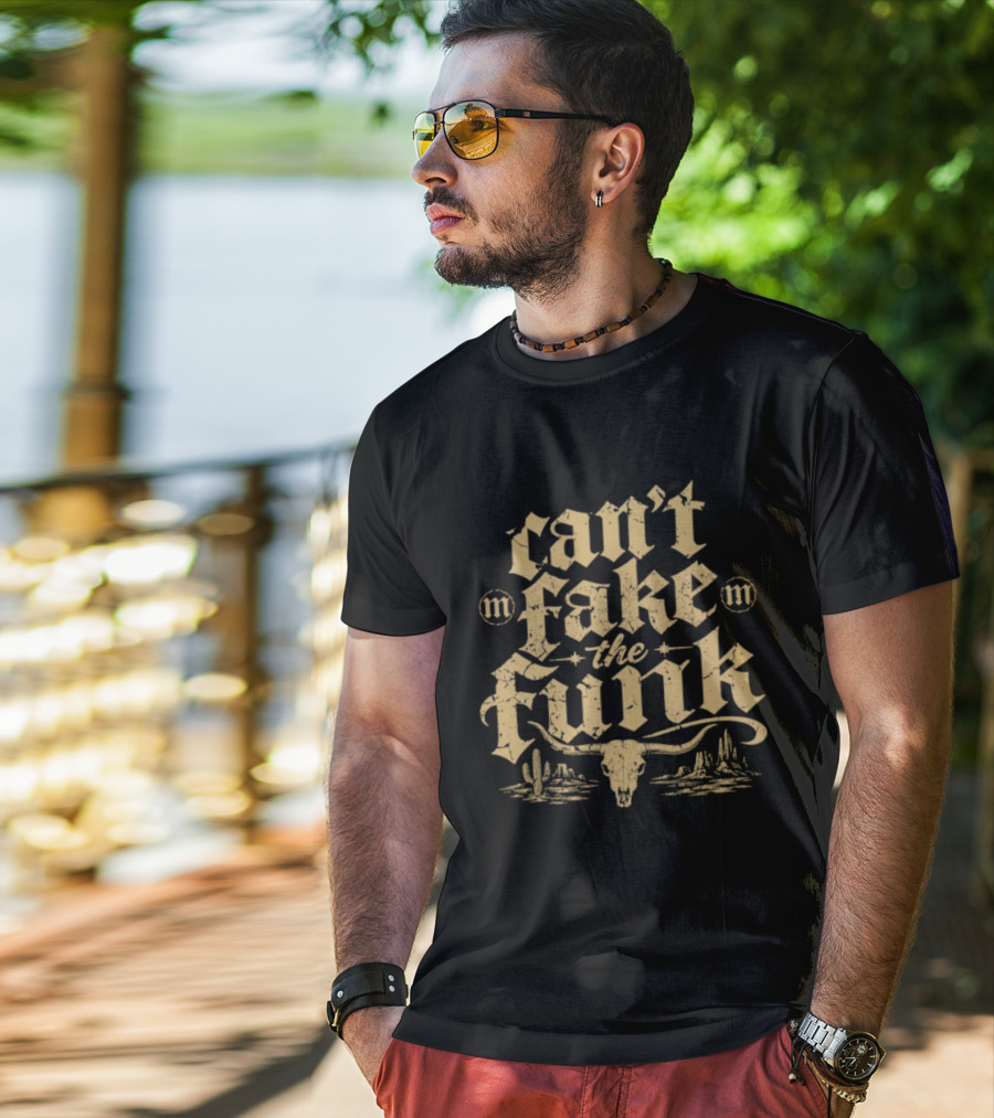 Can't Fake The Funk Western Cow Skull Cactus Desert Scene T-Shirt