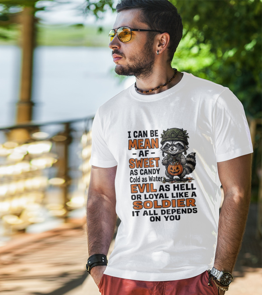 Raccoon I Can Be Mean AF Sweet As Candy Cold As Water Evil As Hell Or Loyal Like A Soldier It All Depends On You T-Shirt