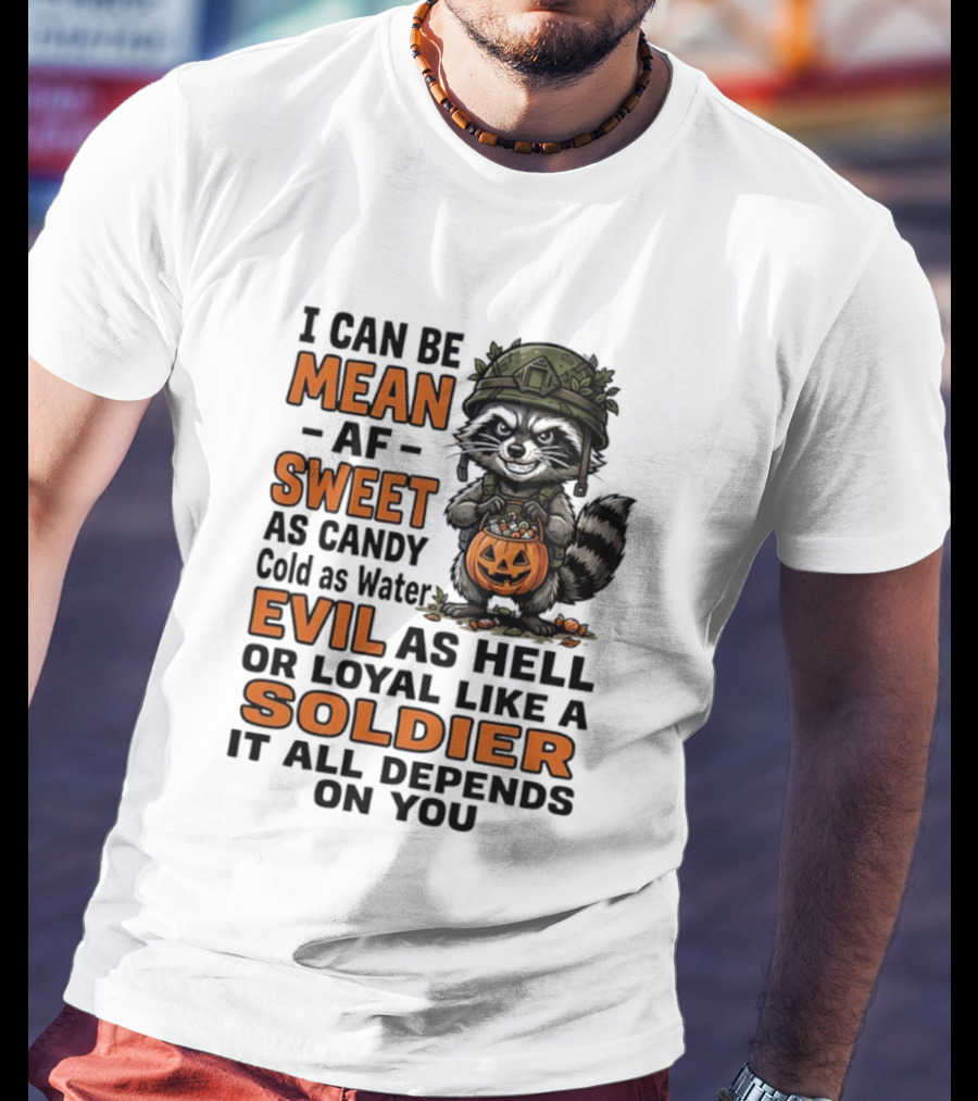 Raccoon I Can Be Mean AF Sweet As Candy Cold As Water Evil As Hell Or Loyal Like A Soldier It All Depends On You T-Shirt
