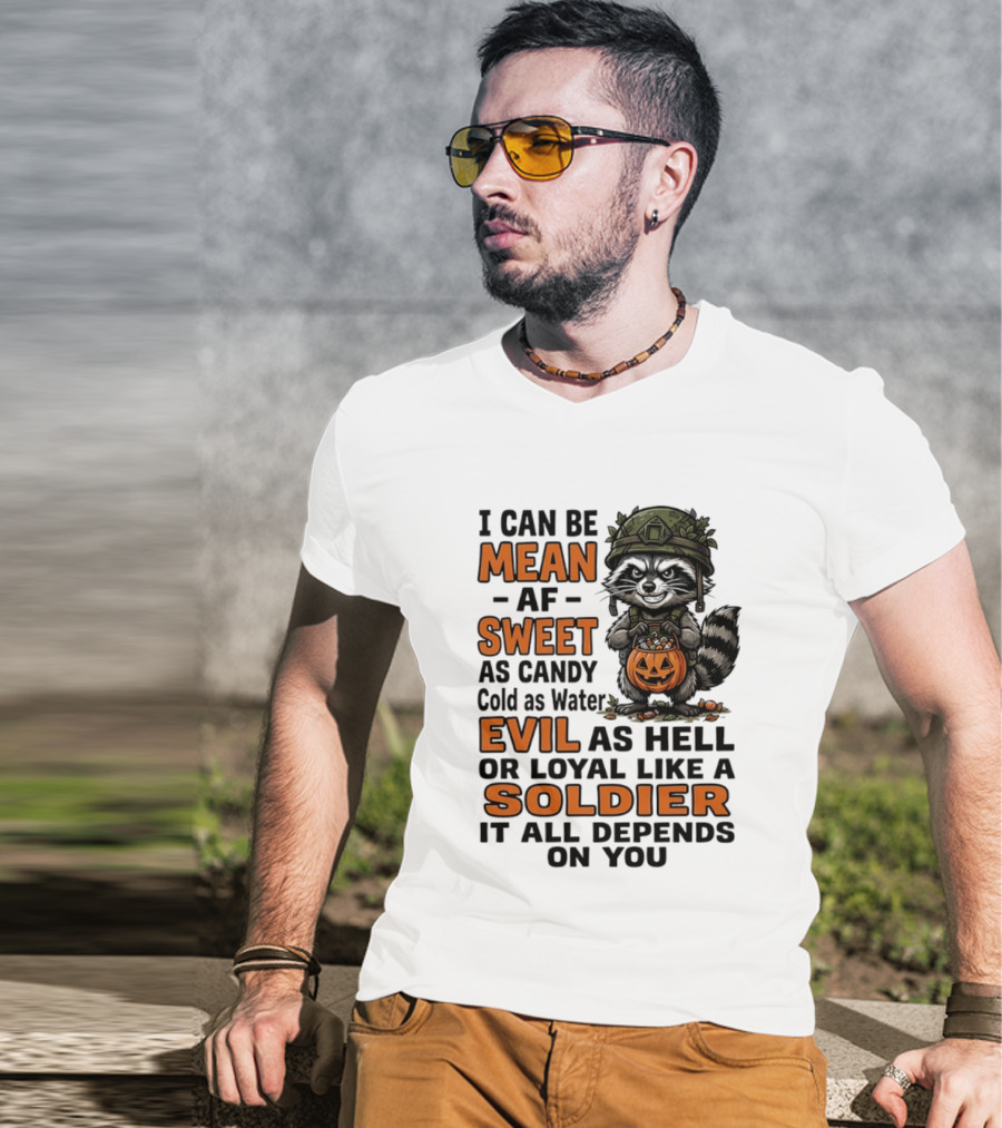Raccoon I Can Be Mean AF Sweet As Candy Cold As Water Evil As Hell Or Loyal Like A Soldier It All Depends On You T-Shirt