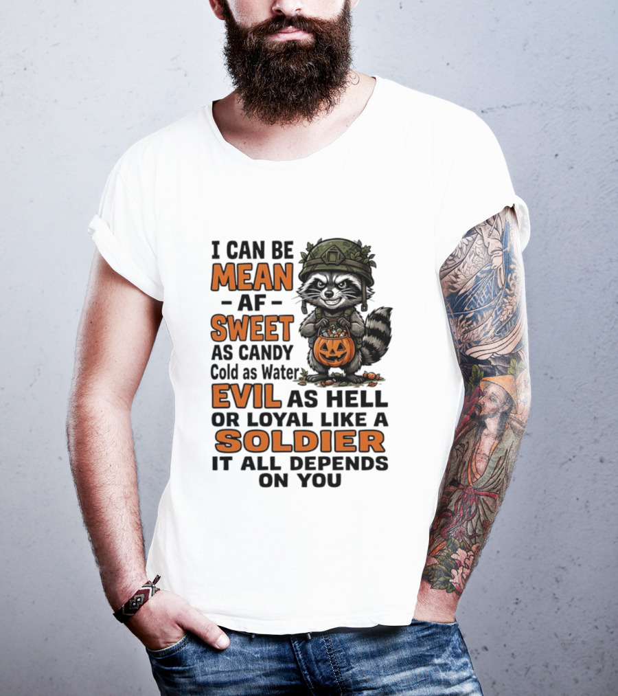 Raccoon I Can Be Mean AF Sweet As Candy Cold As Water Evil As Hell Or Loyal Like A Soldier It All Depends On You T-Shirt