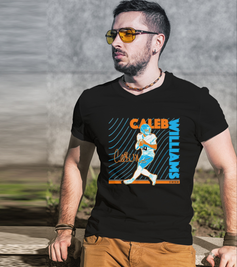 Caleb Williams Neon Nights Football Pose With Signature T-Shirt