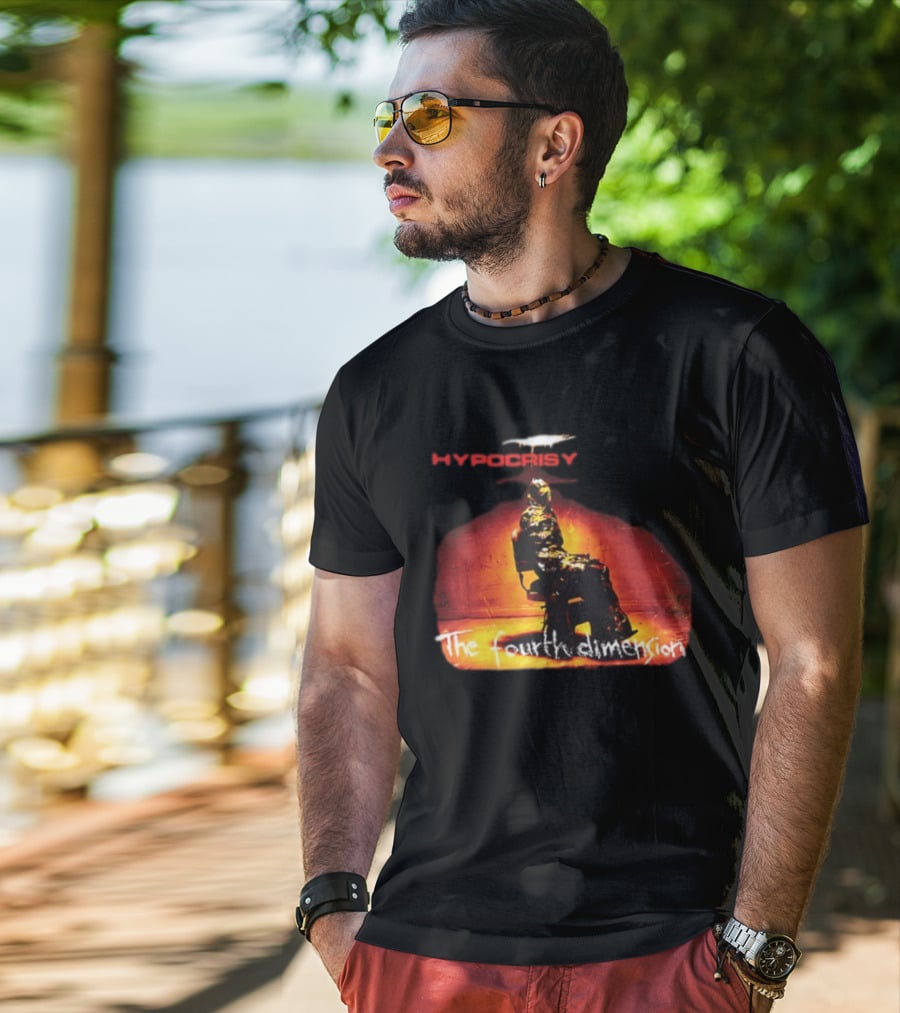 Hypocrisy The Fourth Dimension Red Text And Seated Figure T-Shirt