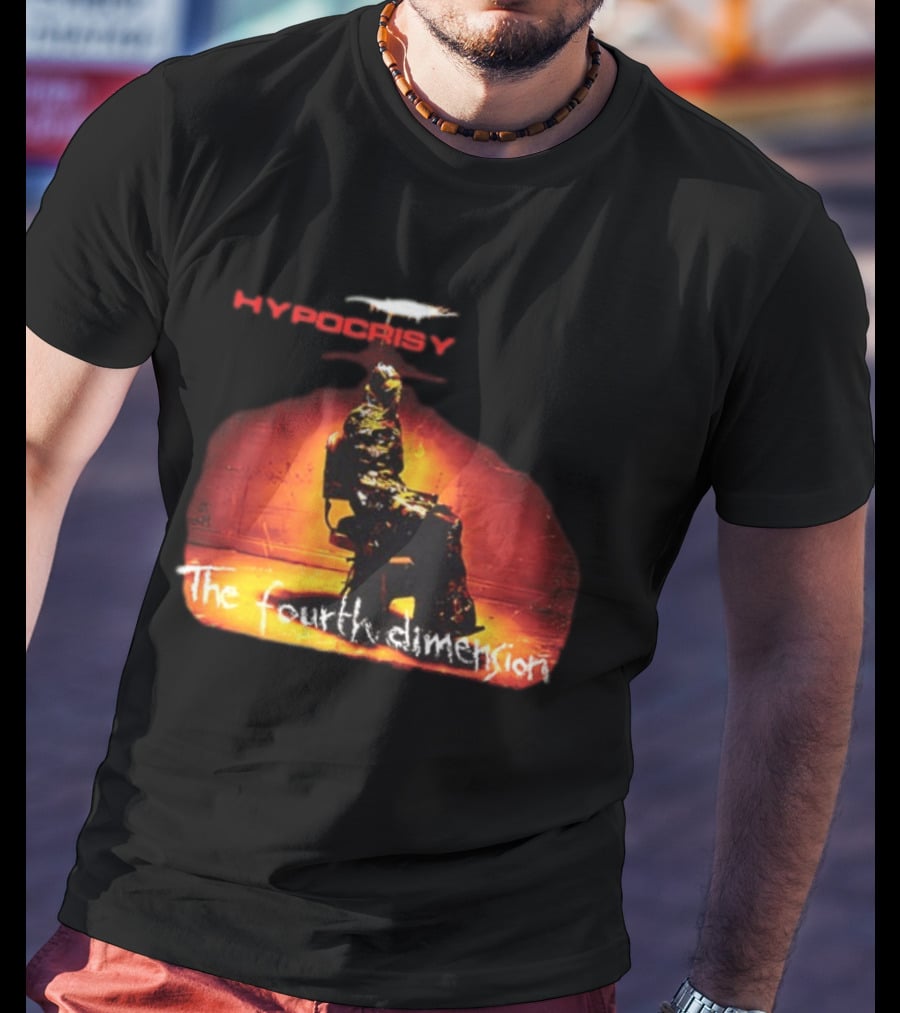 Hypocrisy The Fourth Dimension Red Text And Seated Figure T-Shirt
