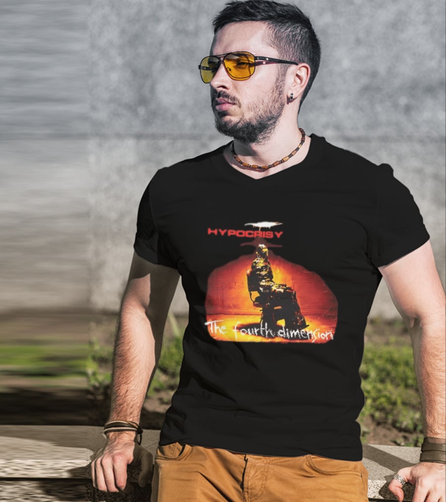 Hypocrisy The Fourth Dimension Red Text And Seated Figure T-Shirt
