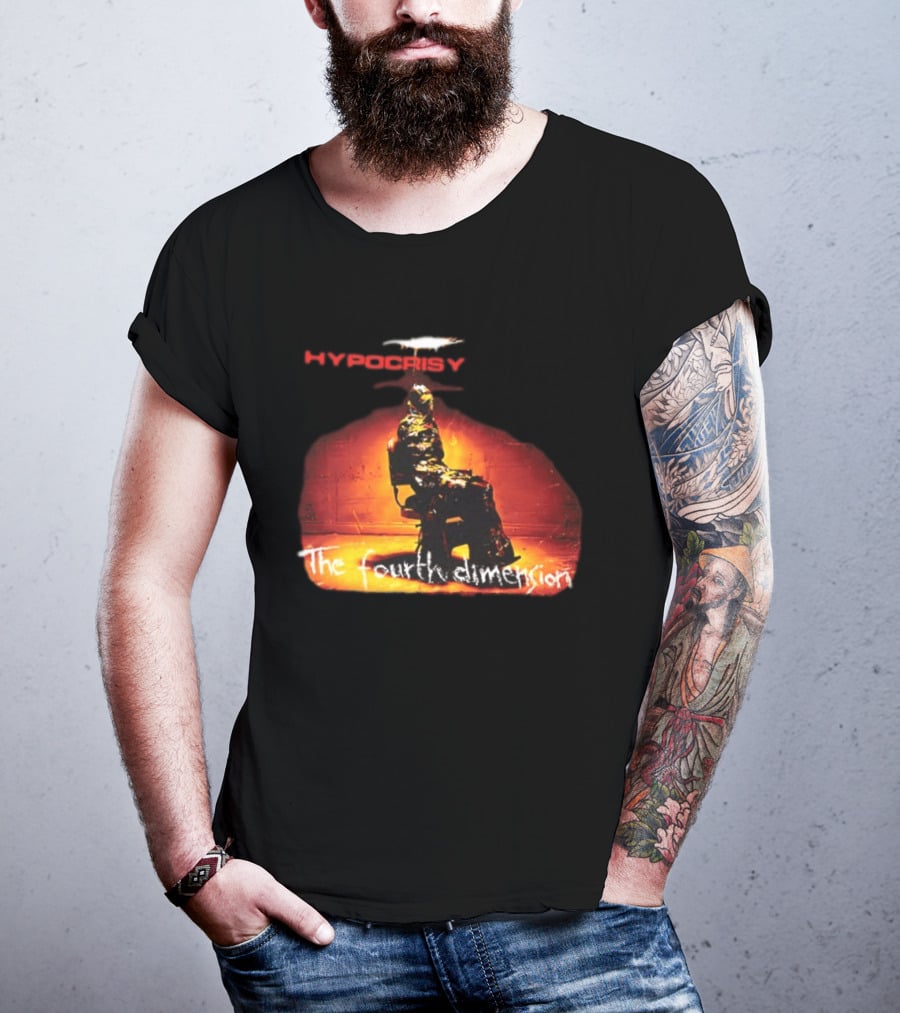 Hypocrisy The Fourth Dimension Red Text And Seated Figure T-Shirt