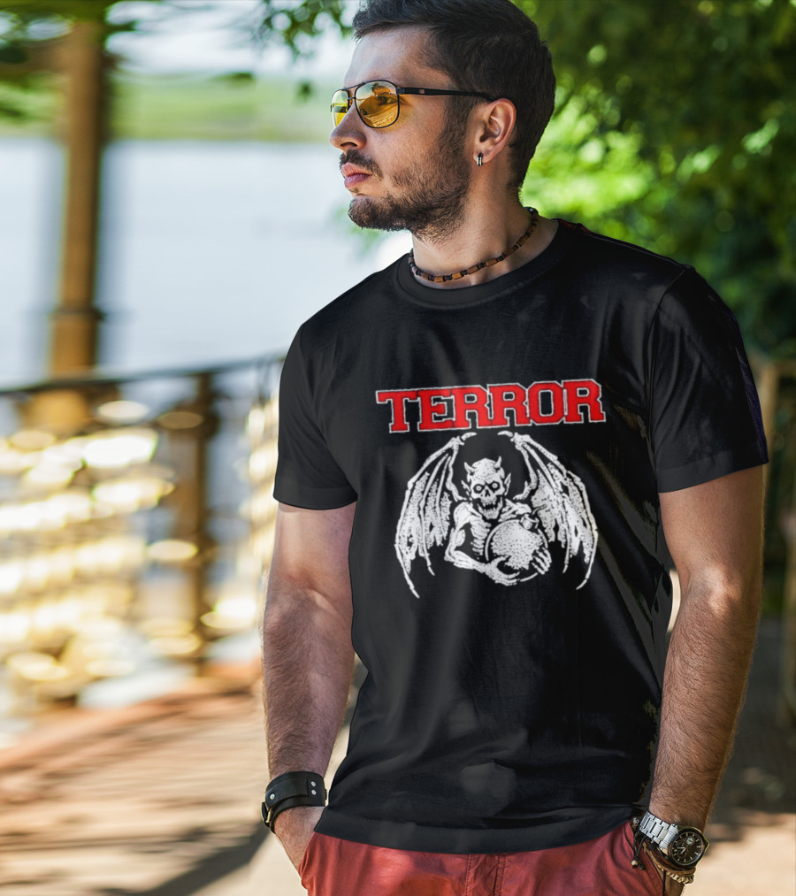 Terror Red Lettering Demon With Wings Holding Bomb T-Shirt