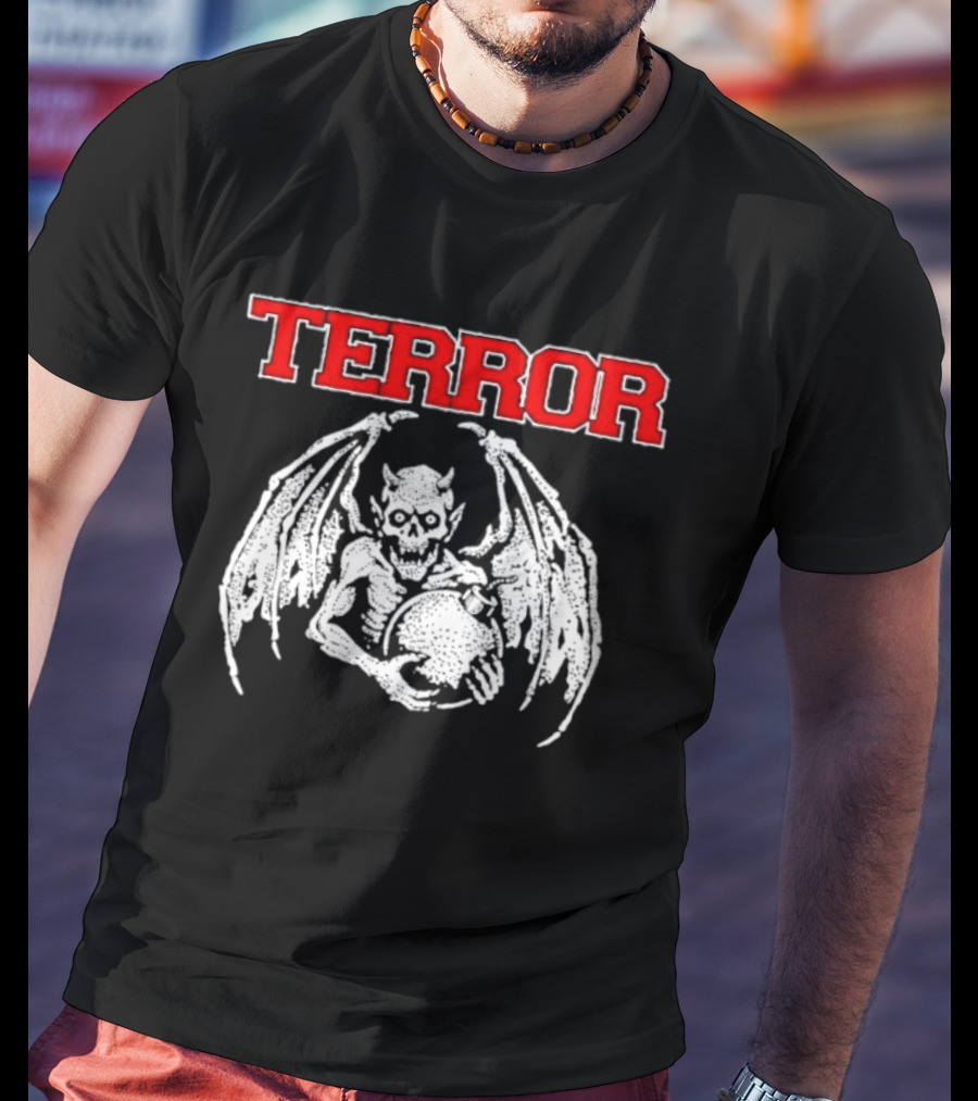 Terror Red Lettering Demon With Wings Holding Bomb T-Shirt