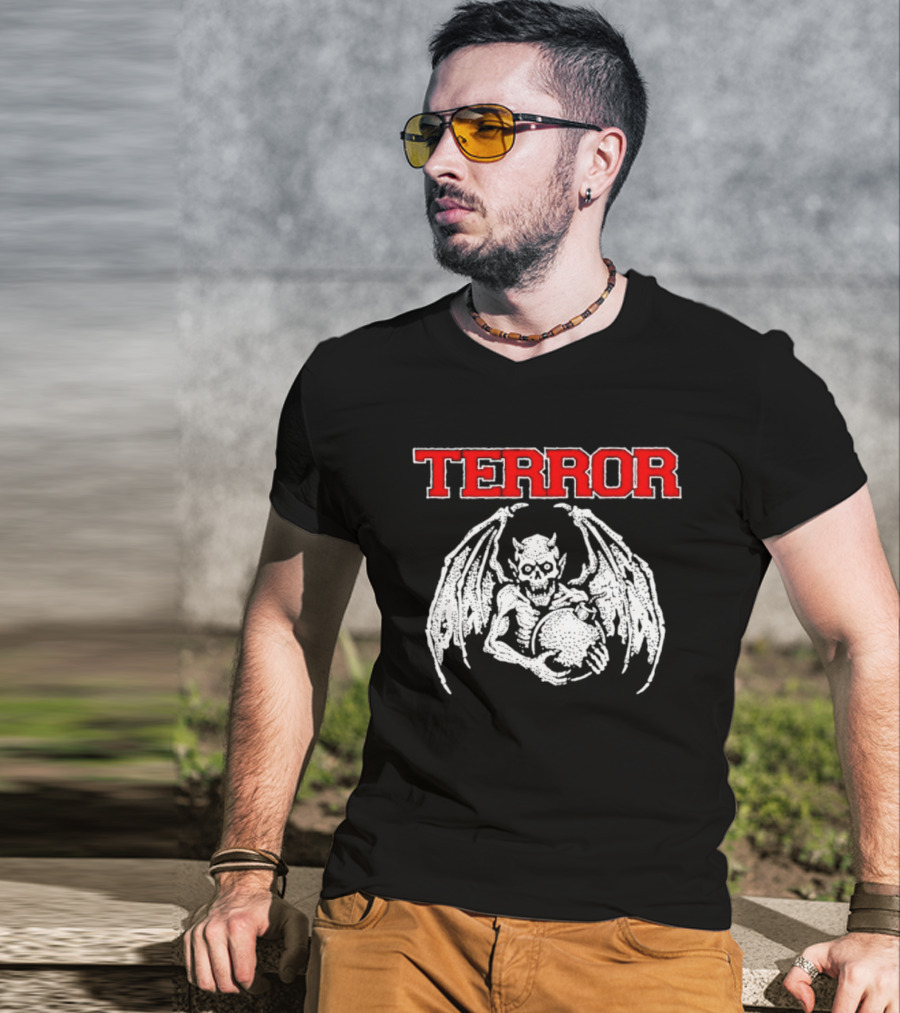Terror Red Lettering Demon With Wings Holding Bomb T-Shirt
