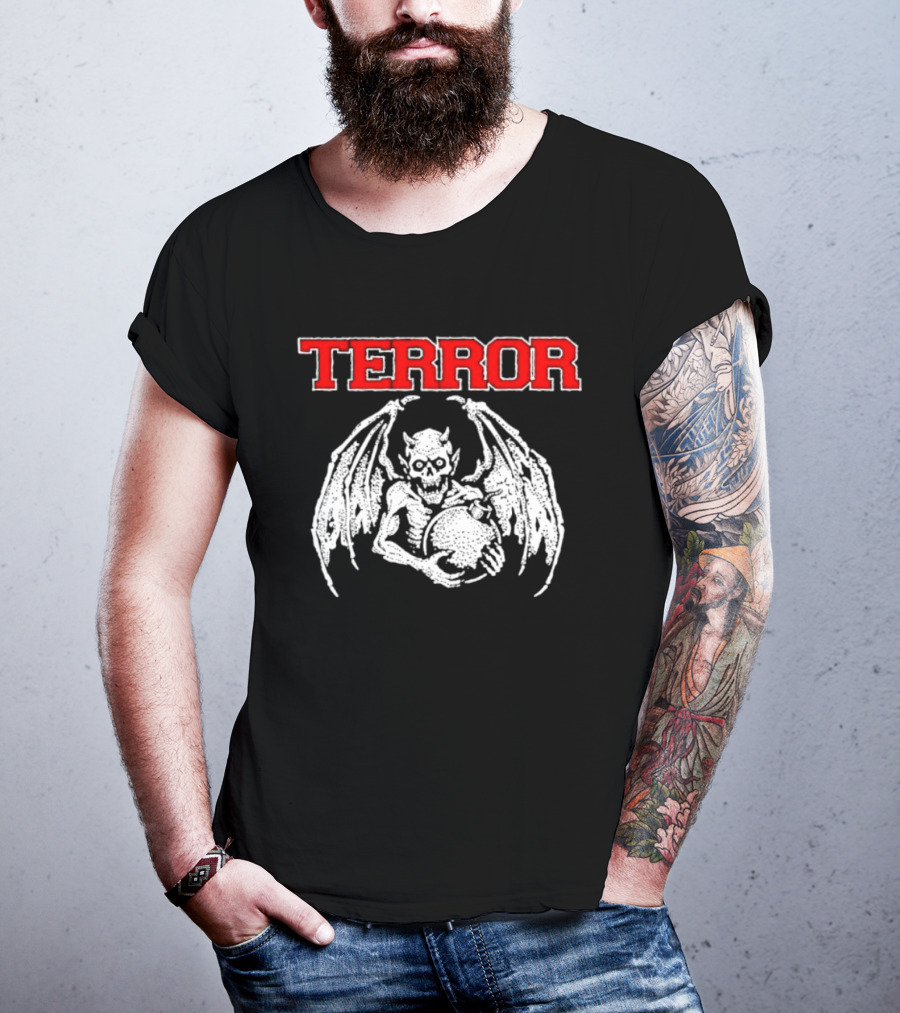 Terror Red Lettering Demon With Wings Holding Bomb T-Shirt