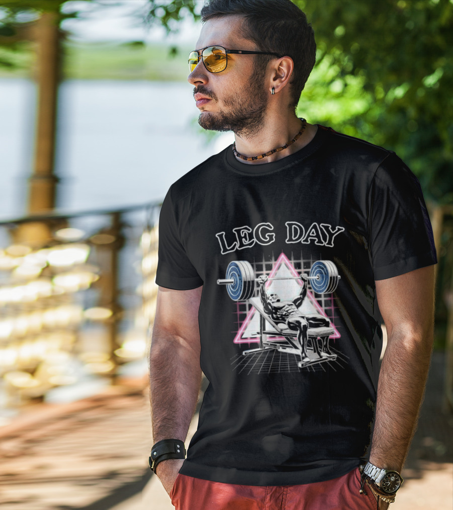 Leg Day Skeleton Weightlifting Gym Bodybuilding 80s Aesthetic Neon Triangle T-Shirt