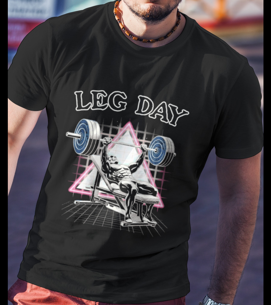 Leg Day Skeleton Weightlifting Gym Bodybuilding 80s Aesthetic Neon Triangle T-Shirt