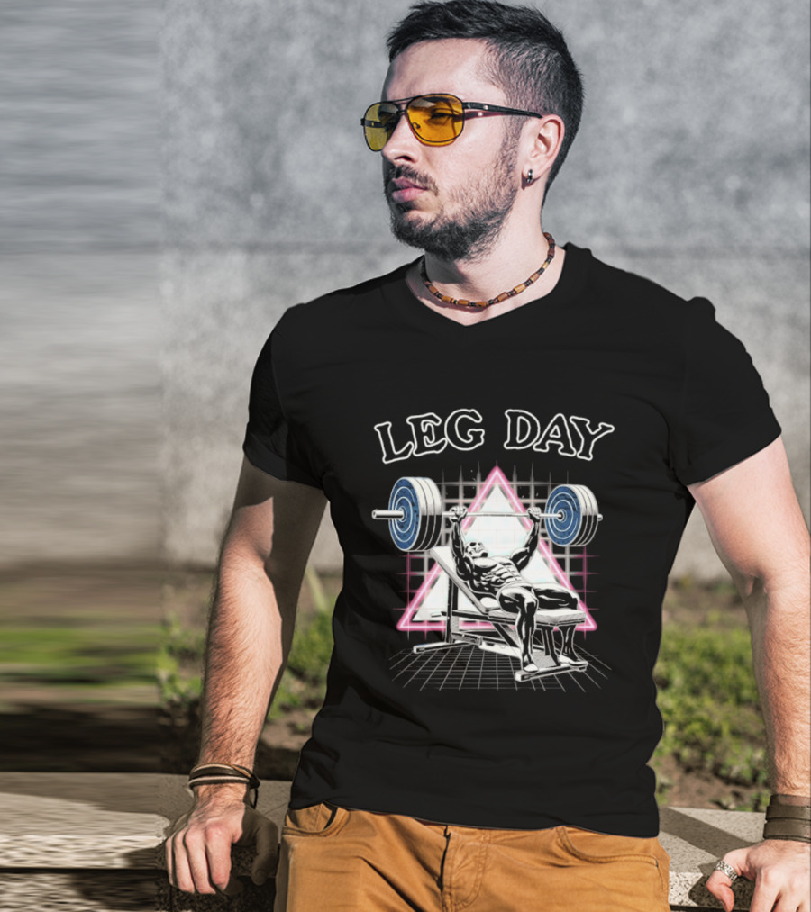 Leg Day Skeleton Weightlifting Gym Bodybuilding 80s Aesthetic Neon Triangle T-Shirt
