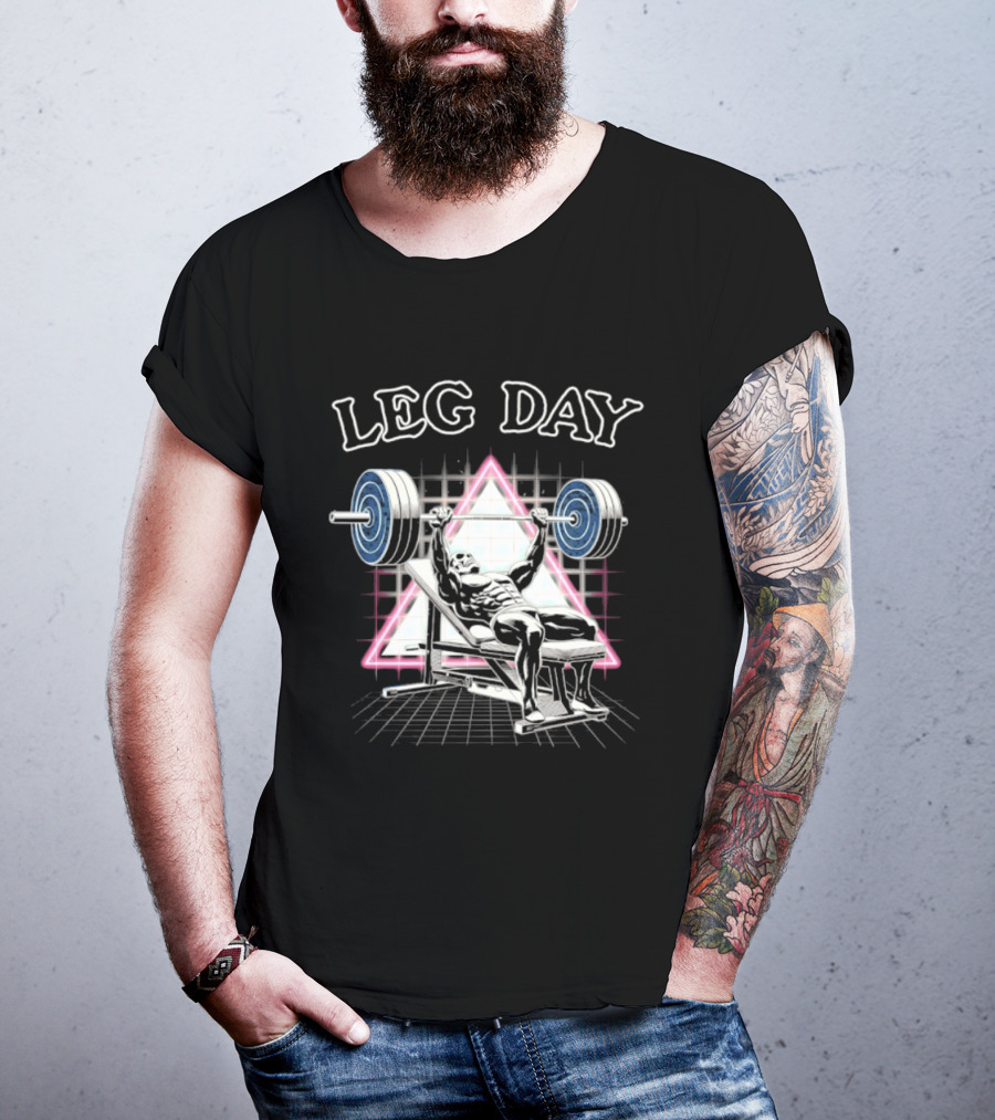 Leg Day Skeleton Weightlifting Gym Bodybuilding 80s Aesthetic Neon Triangle T-Shirt