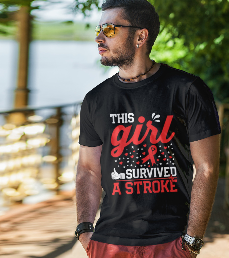This Girl Survived A Stroke Red Ribbon Heart Stars And Thumbs Up T-Shirt