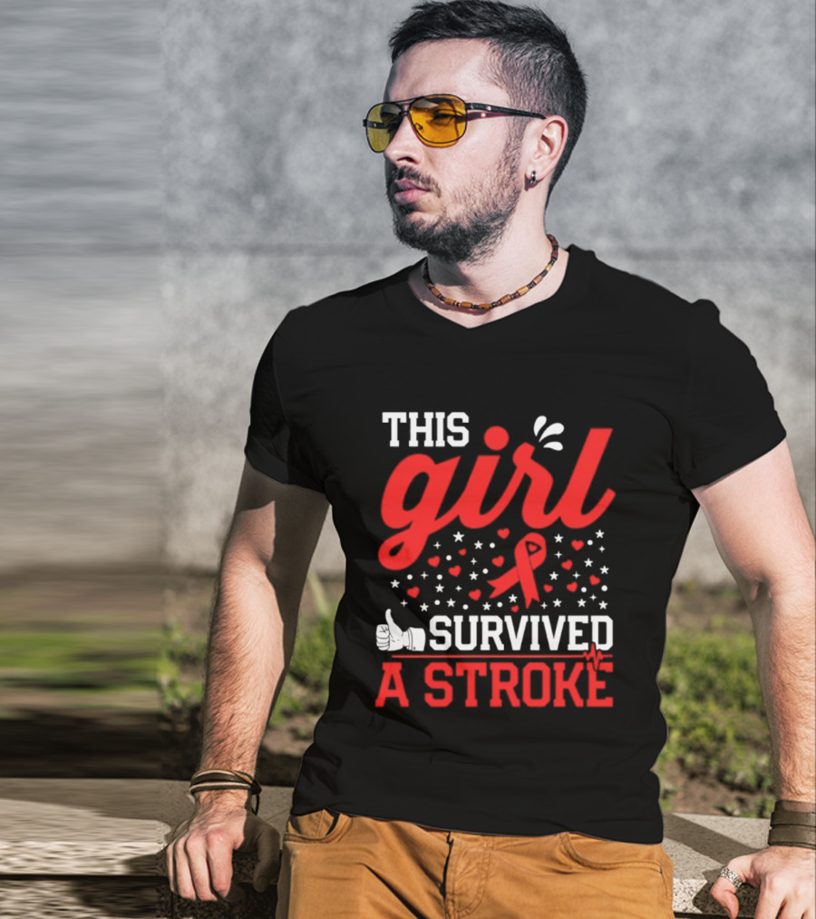 This Girl Survived A Stroke Red Ribbon Heart Stars And Thumbs Up T-Shirt