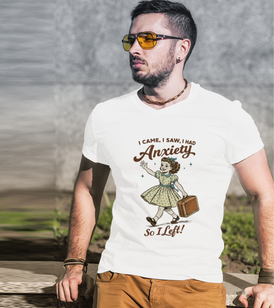 I Came I Saw I Had Anxiety So I Left Vintage Style Retro Girl Carrying Suitcase T-Shirt