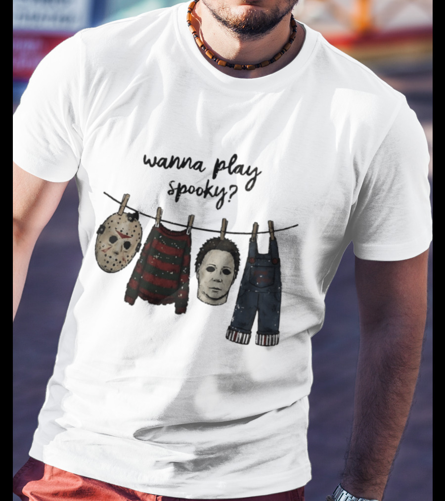 Wanna Play Spooky Halloween Horror Mask And Costume References T-Shirt