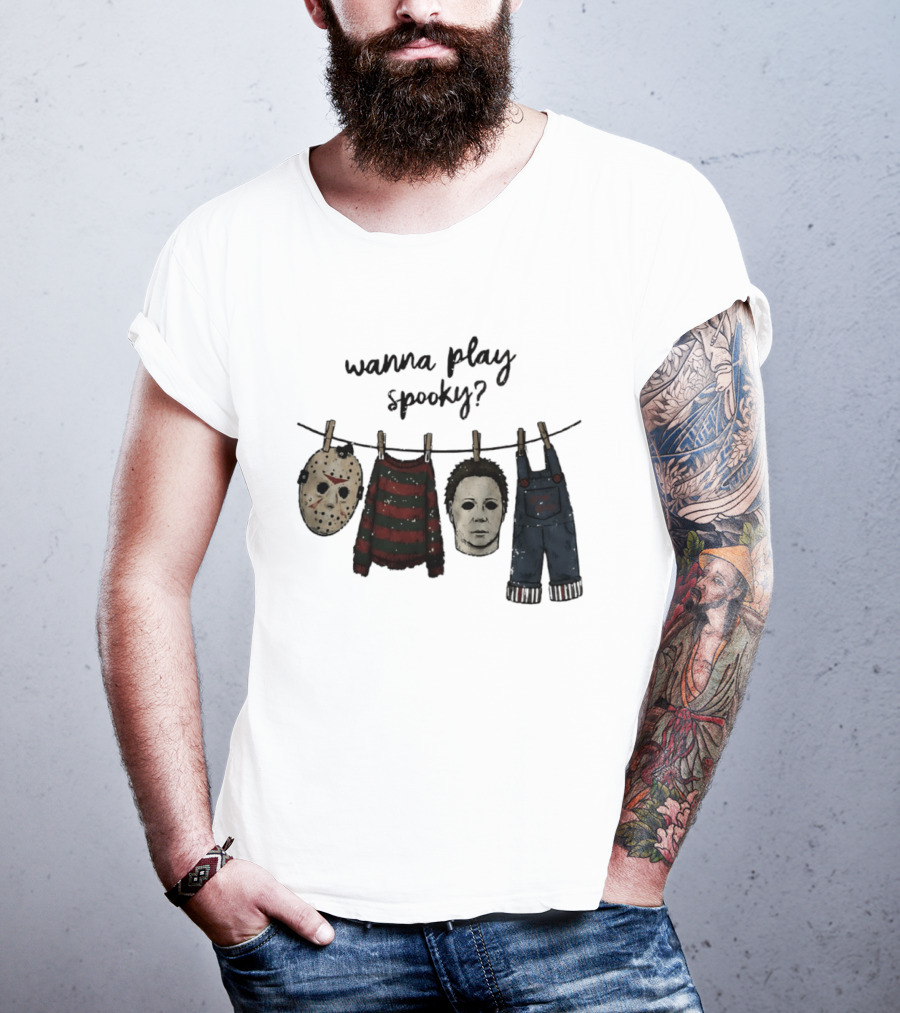 Wanna Play Spooky Halloween Horror Mask And Costume References T-Shirt