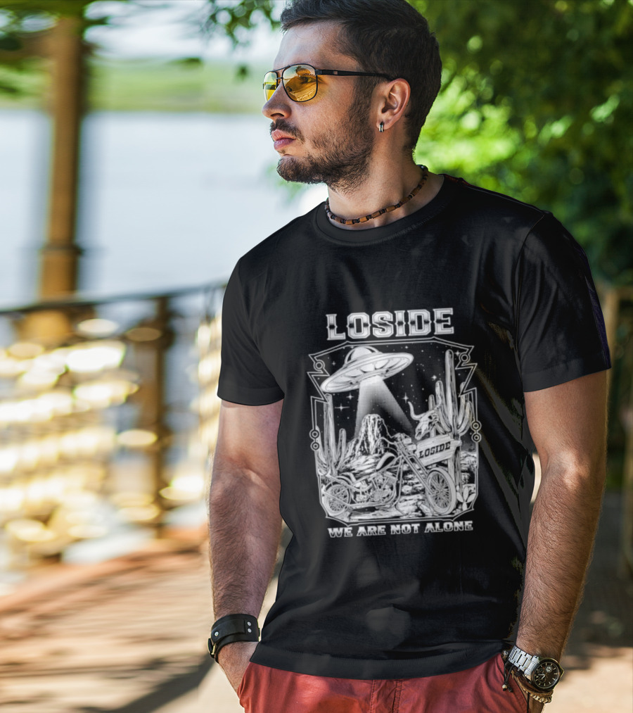 Loside We Are Not Alone UFO Motorcycle Desert Scene Cactus Stars T-Shirt
