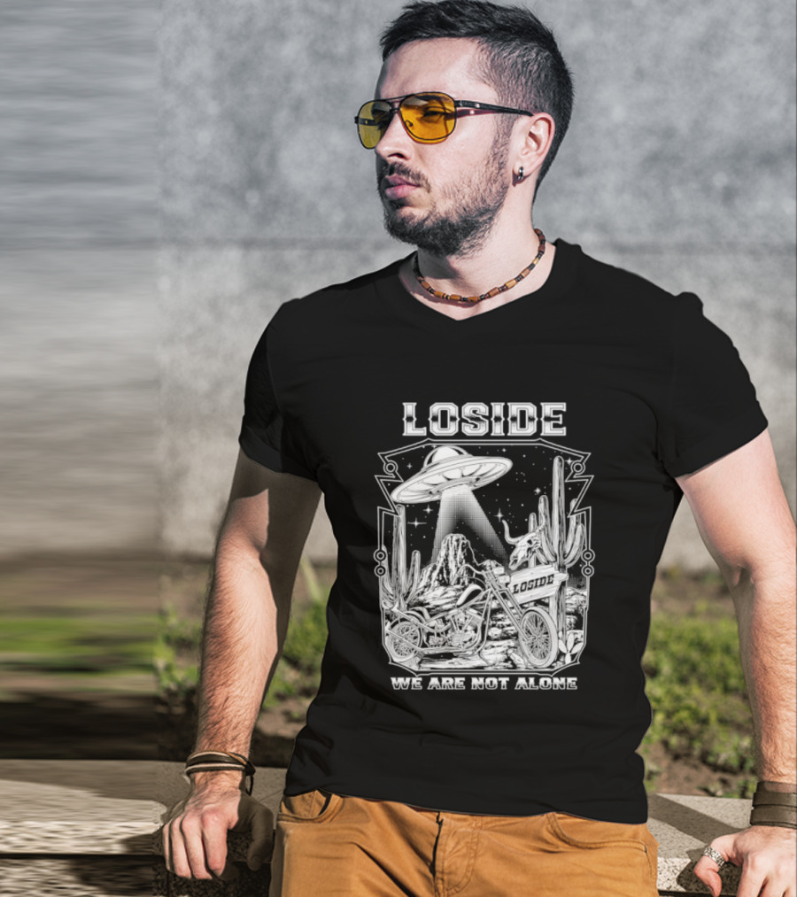 Loside We Are Not Alone UFO Motorcycle Desert Scene Cactus Stars T-Shirt