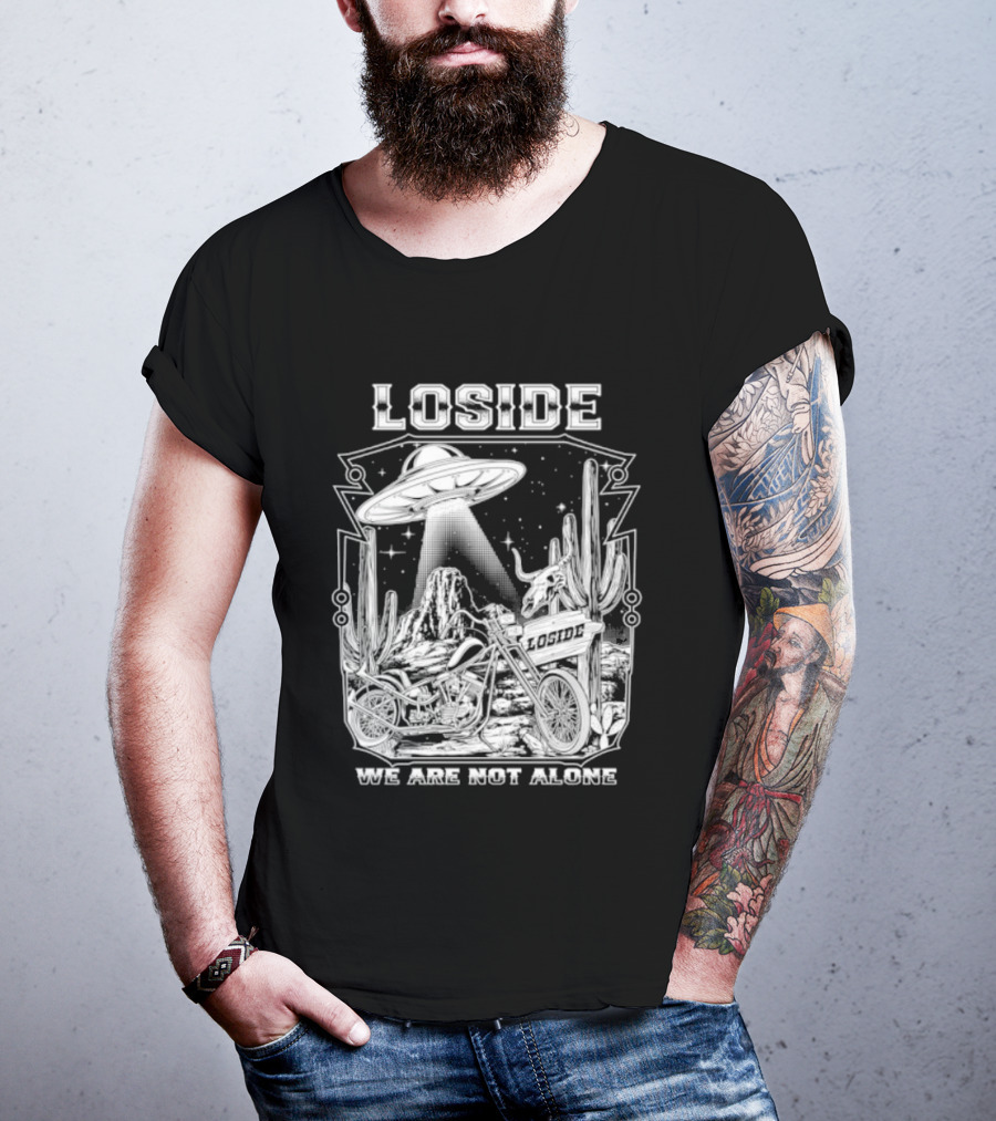 Loside We Are Not Alone UFO Motorcycle Desert Scene Cactus Stars T-Shirt