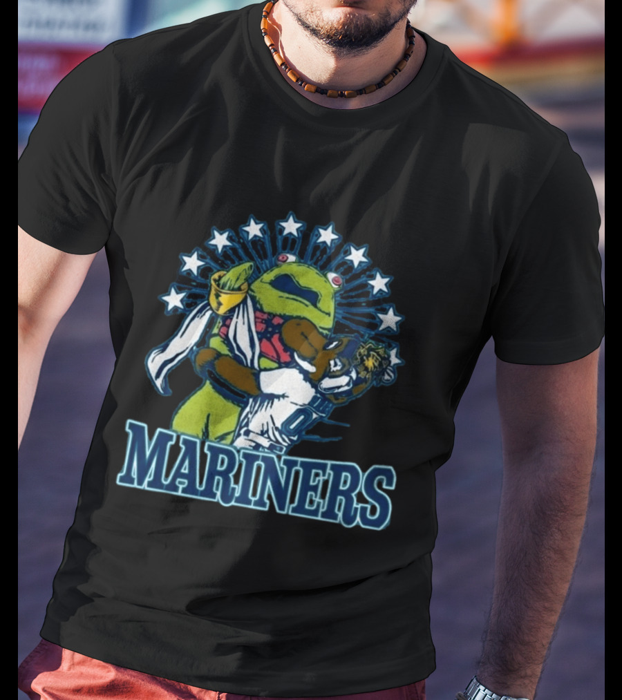 Mariner Moose Hugs Humpy Salmon With Mariners Stars T-Shirt
