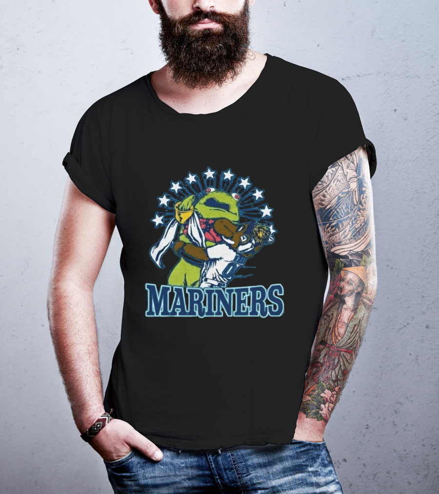Mariner Moose Hugs Humpy Salmon With Mariners Stars T-Shirt