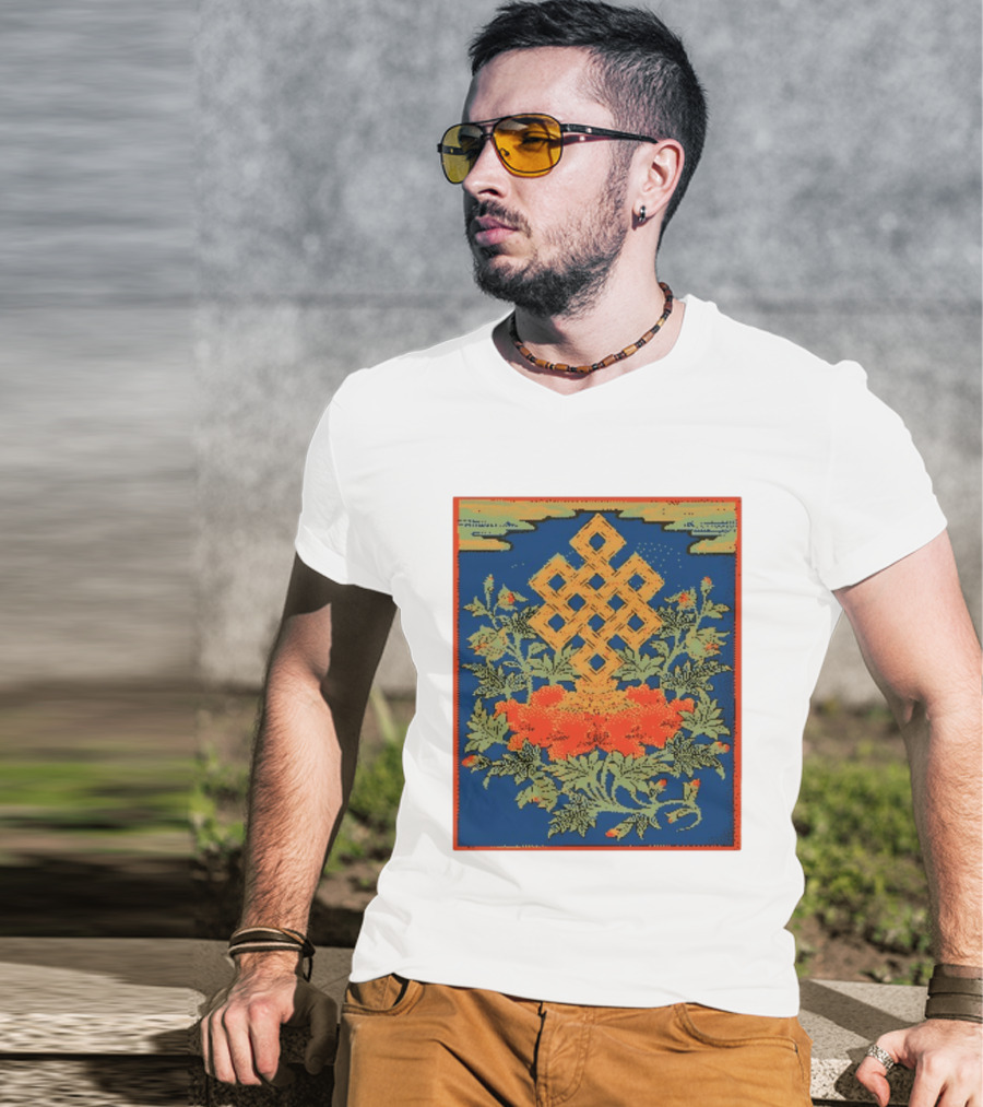 Srivatsa Endless Knot Floral Design Buddhist Symbol With Blossoms T-Shirt