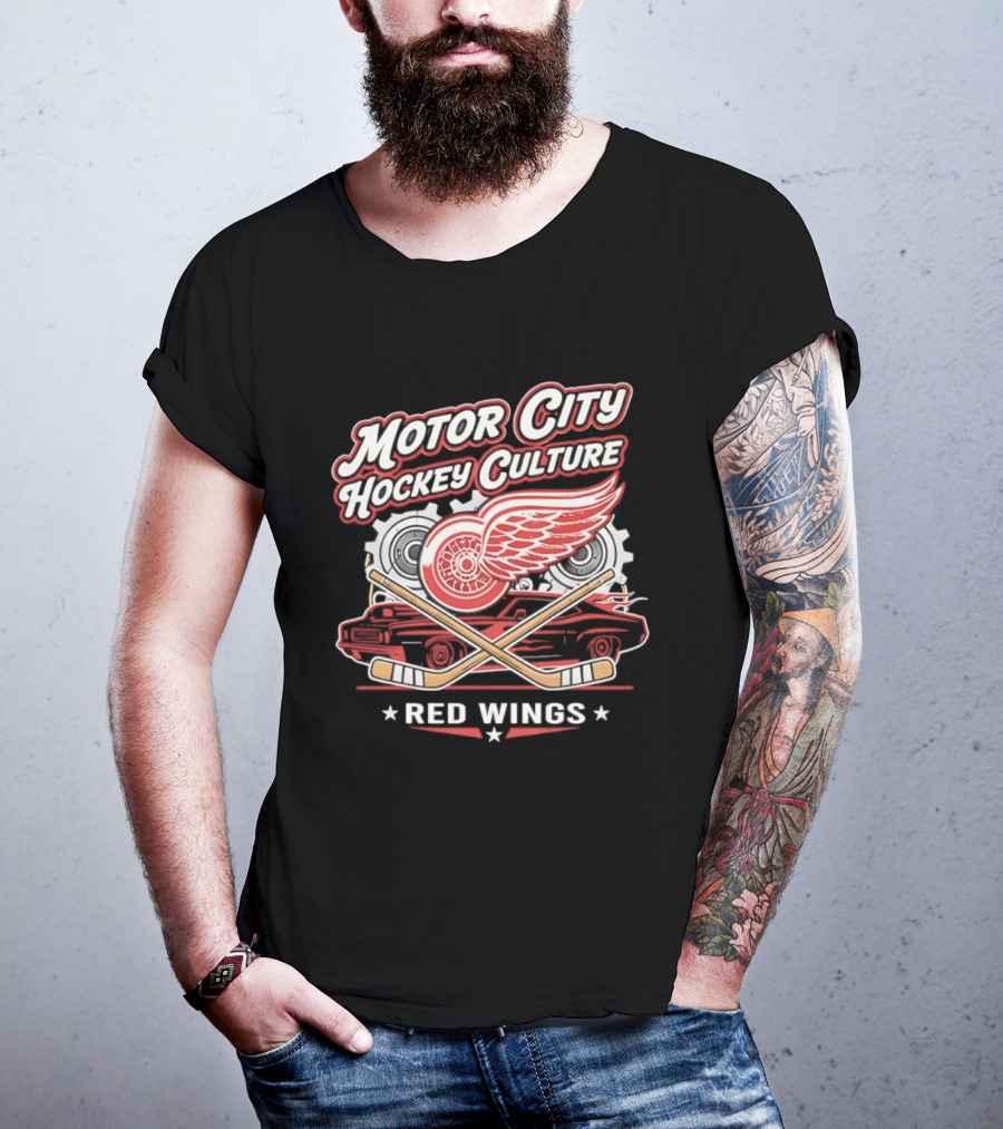 Motor City Hockey Culture Red Wings NHL Classic Logo And Car T-Shirt