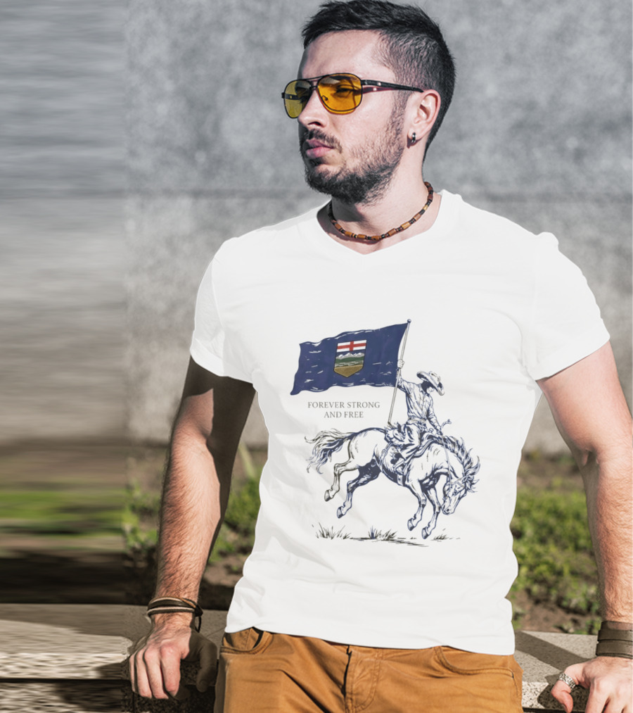 Alberta Flag Forever Strong And Free Bronco Rider Cowboy T-Shirt