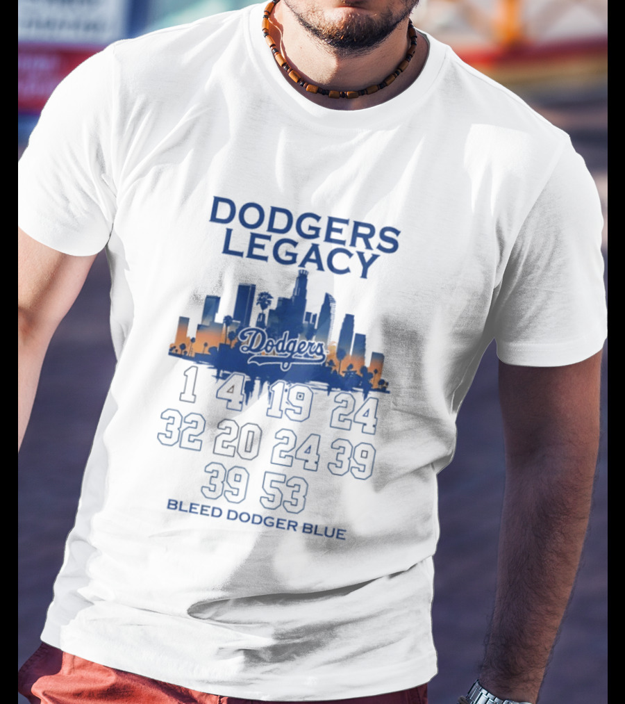Dodgers Legacy 1 4 19 24 32 20 24 39 39 53 Bleed Dodger Blue Skyline Dodgers T-Shirt