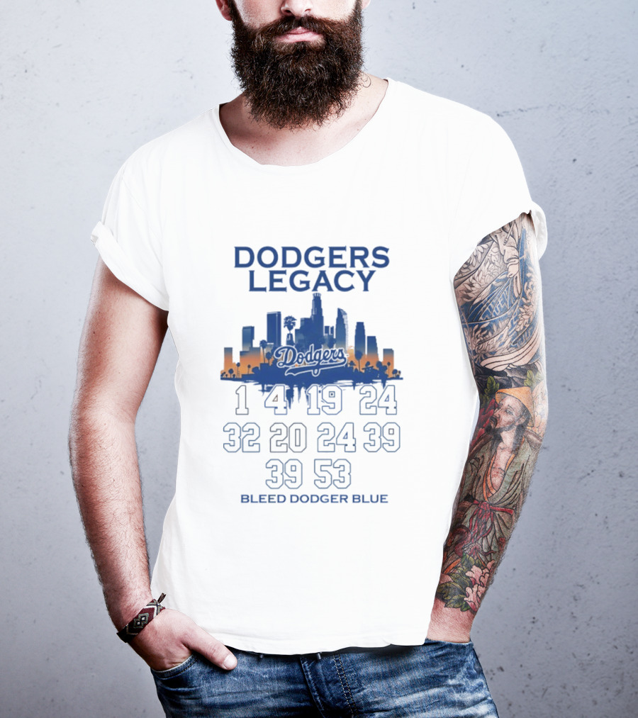 Dodgers Legacy 1 4 19 24 32 20 24 39 39 53 Bleed Dodger Blue Skyline Dodgers T-Shirt