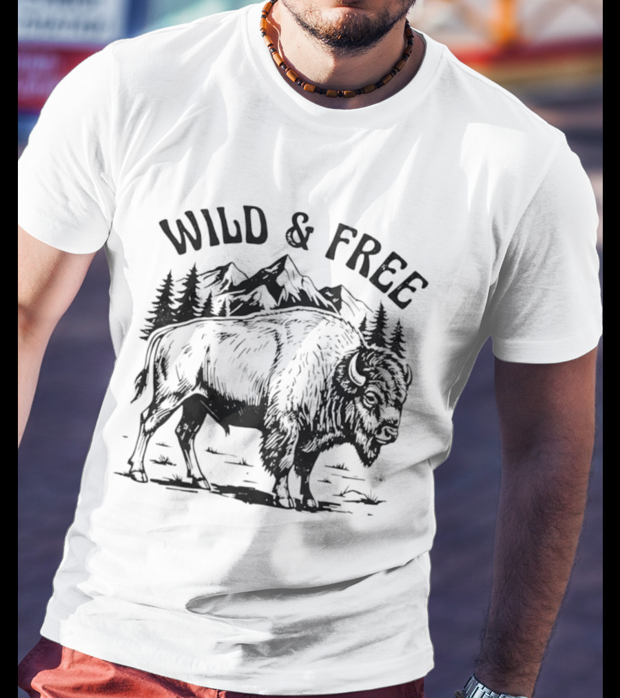 Wild And Free Bison With Mountain And Forest Scene T-Shirt