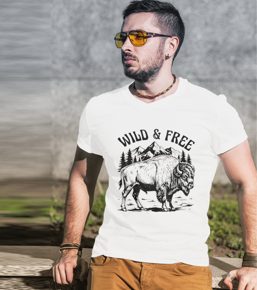 Wild And Free Bison With Mountain And Forest Scene T-Shirt