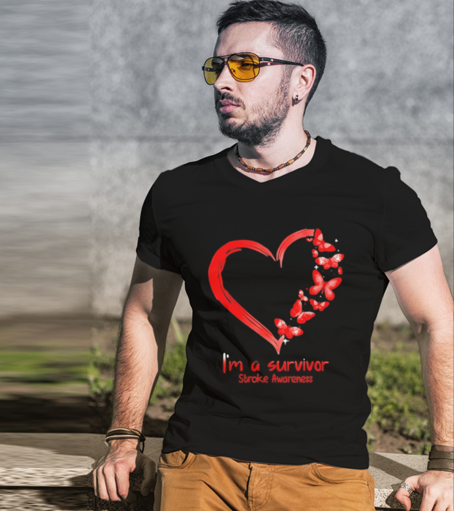 I'm A Survivor Stroke Awareness Heart And Red Butterflies T-Shirt