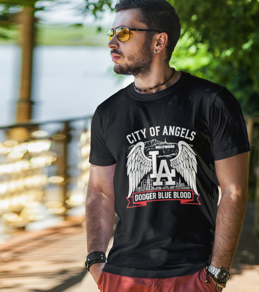 City Of Angels LA Hollywood Dodger Blue Blood Wings Skyline T-Shirt