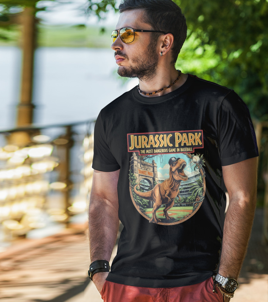 Jurassic Park The Most Dangerous Game In Baseball Yankee Park Rex Stadium Adventure T-Shirt