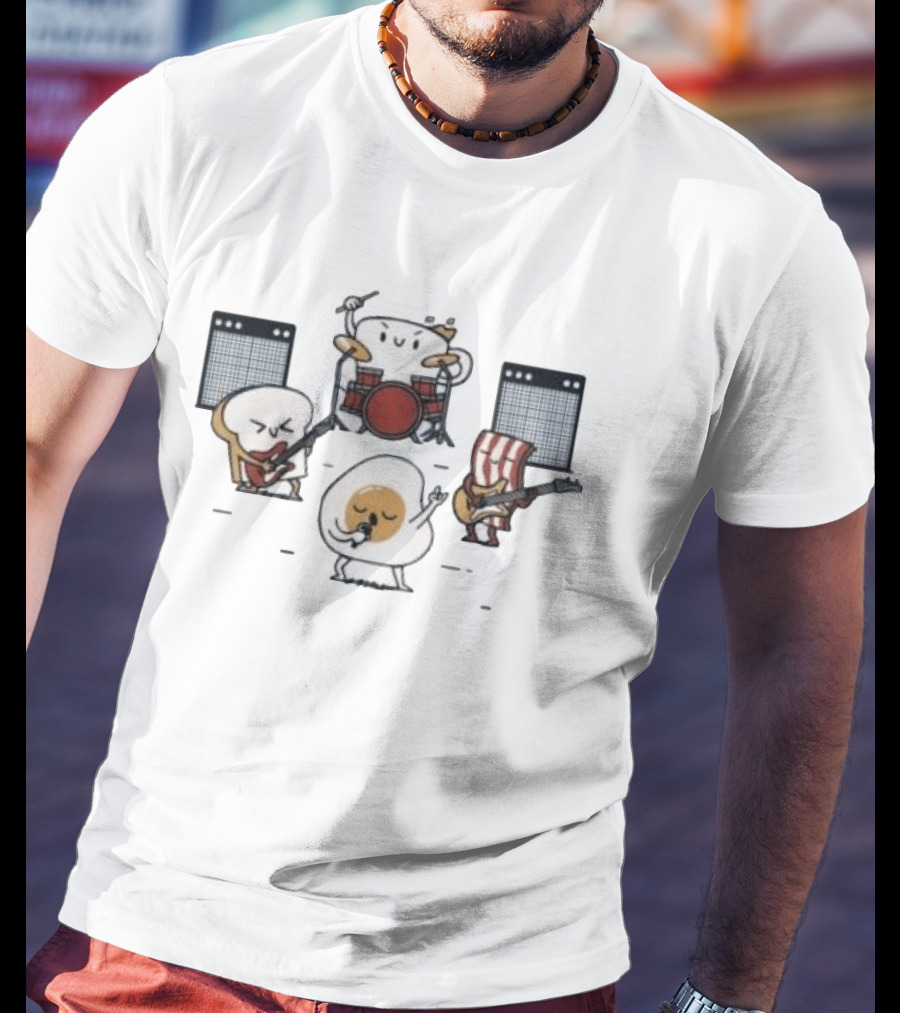 Breakfast Food Band Music Egg Bacon Toast Drumming And Guitar T-Shirt