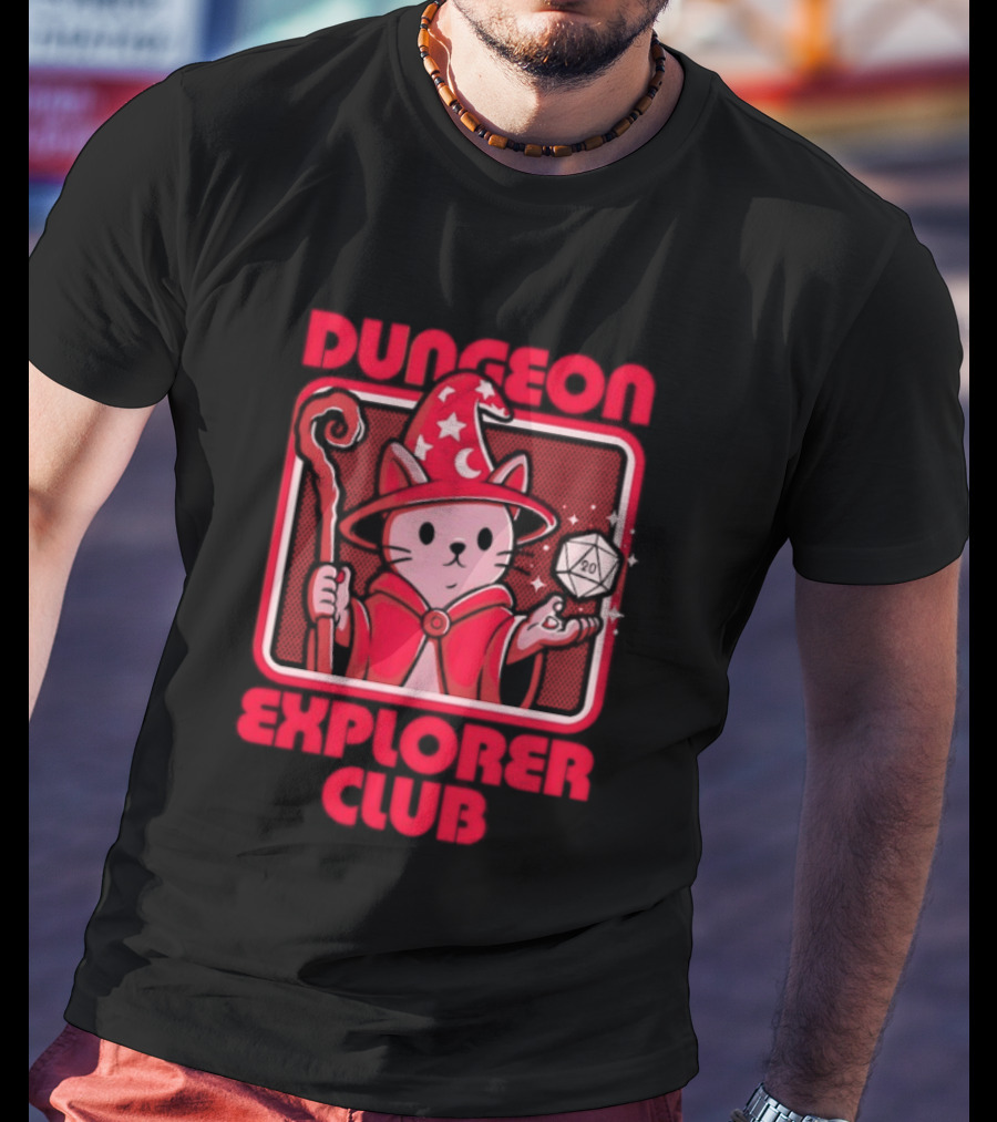 Dungeon Explorer Club Wizard Cat With D20 Dice Magic Wand T-Shirt