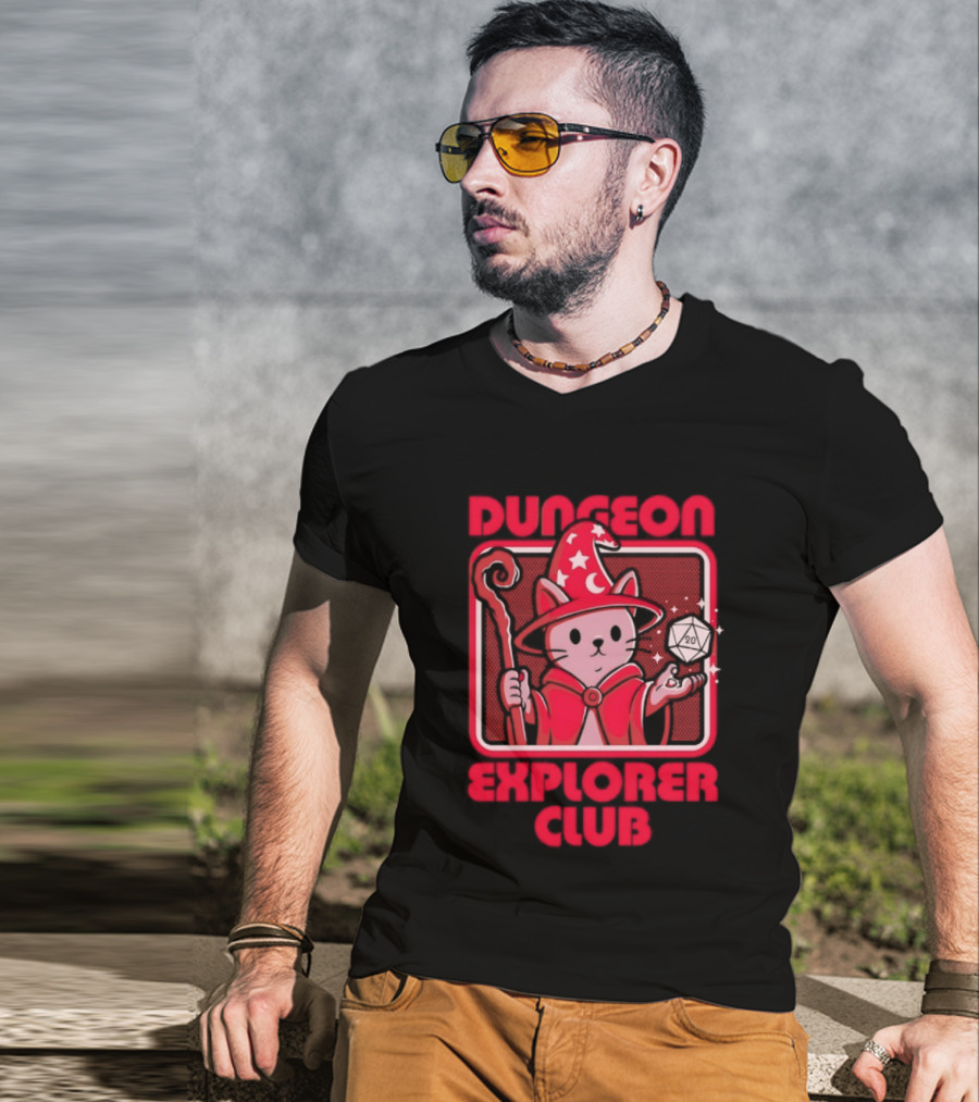 Dungeon Explorer Club Wizard Cat With D20 Dice Magic Wand T-Shirt