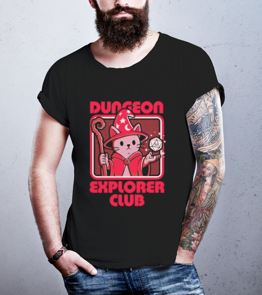 Dungeon Explorer Club Wizard Cat With D20 Dice Magic Wand T-Shirt