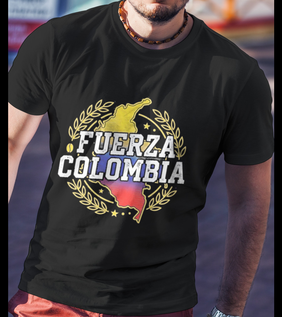Fuerza Colombia Map Yellow Blue Red Laurel And Stars T-Shirt