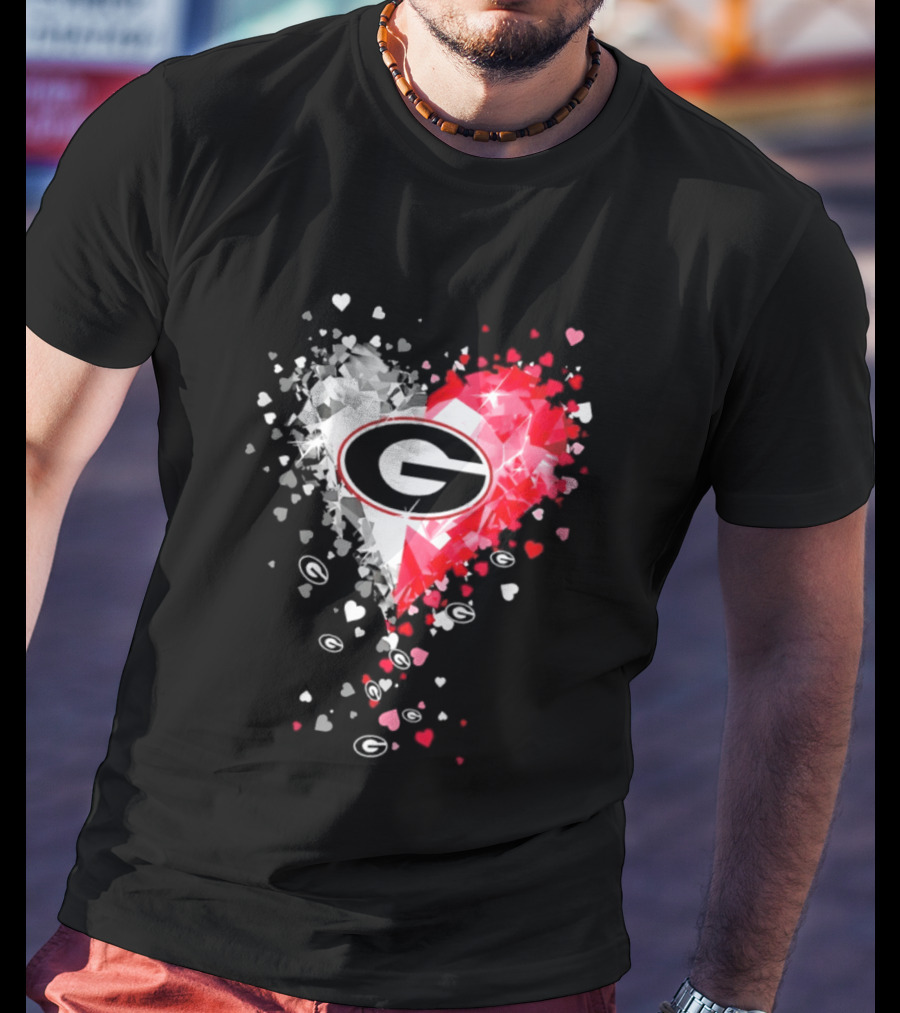Georgia Bulldogs Heart Shaped Red And White Gemstone T-Shirt