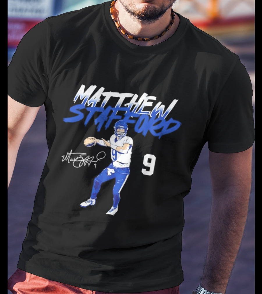 Matthew Stafford 9 Autograph Los Angeles Rams Quarterback Action Pose T-Shirt