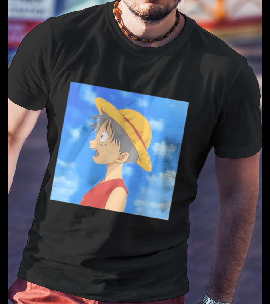 Monkey D Luffy Sky Gazing Red Vest Yellow Straw Hat Anime Scene Clouds Blue Sky T-Shirt